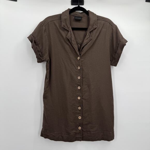 Miou Muse Button Front Shirt Womens Small Brown Linen Tunic Minimalist Lagenlook - Picture 1 of 10
